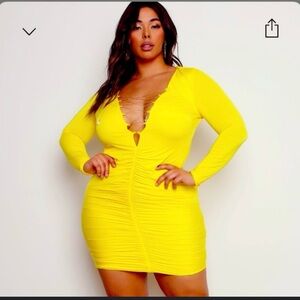 Fashion Nova NWT Chain The Trend Yellow Ruched Bodycon Cocktail Dress. 1X